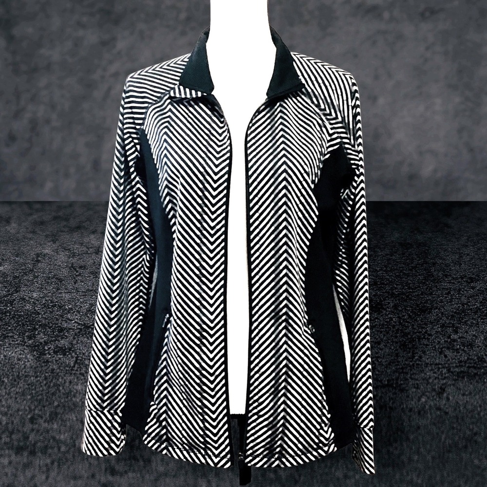 Ideology Women's Black White Chevron Full Zip Track Jacket Thumbholes Size M
